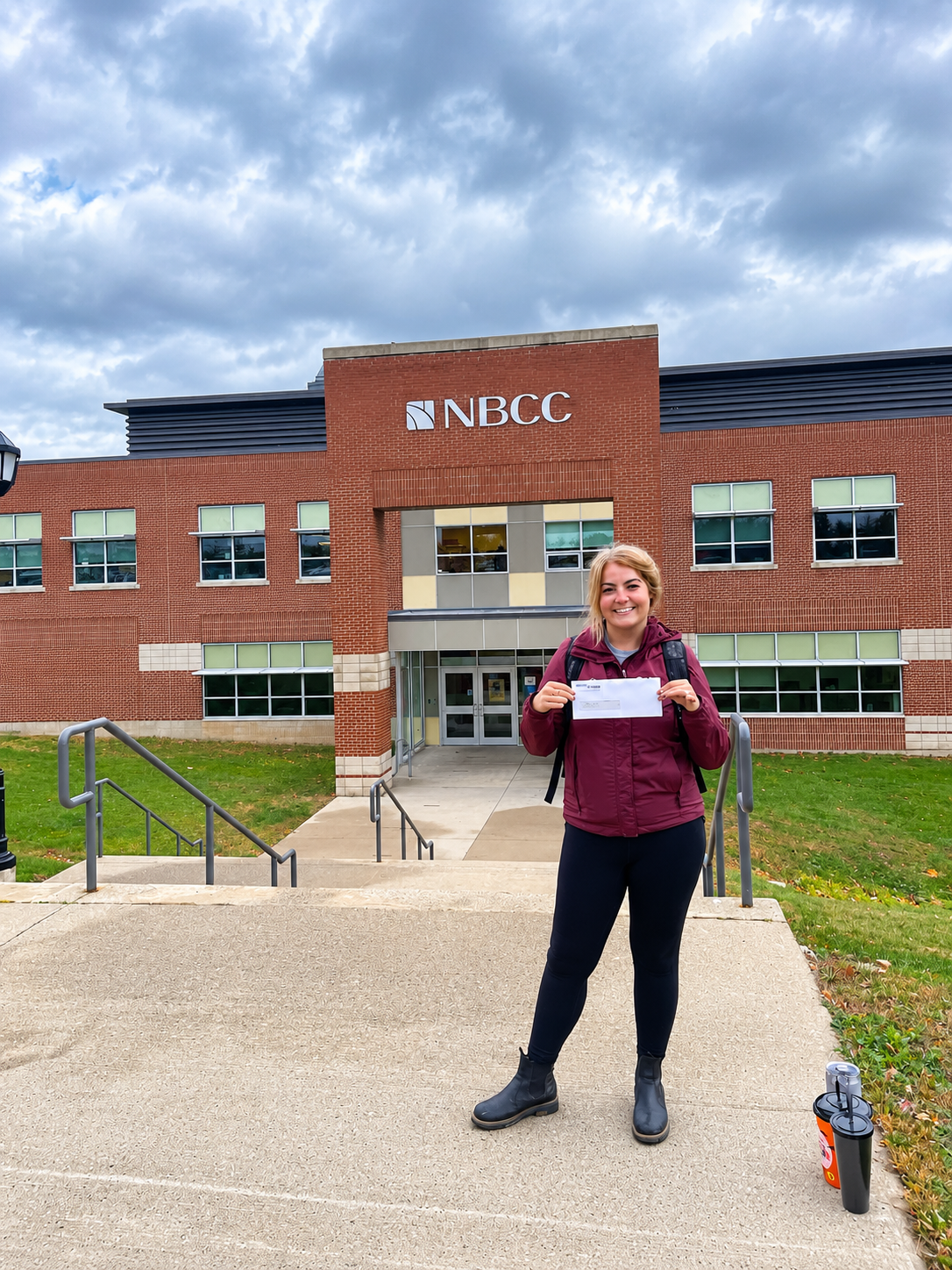 Abigail Munn standing in front of the NBCC building, smiling and holding her scholarship award